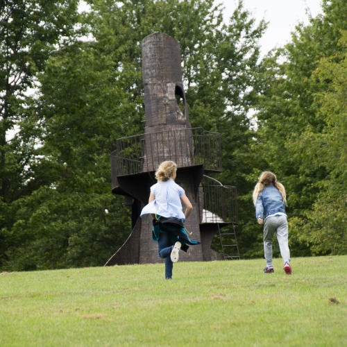 Sisters racing to giant sculpture at Griffis Sculpture Park